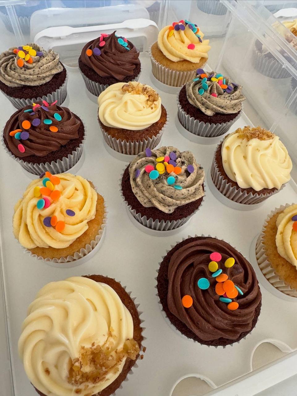 Assorted cupcakes with chocolate, vanilla and cookies & cream frosting